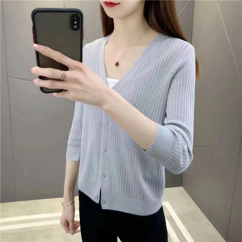 Women's Ice Silk Cardigan - Lightweight, Versatile, Sun Protection, Short Knitted Coat for Spring & Autumn, Hollowed-Out Design.