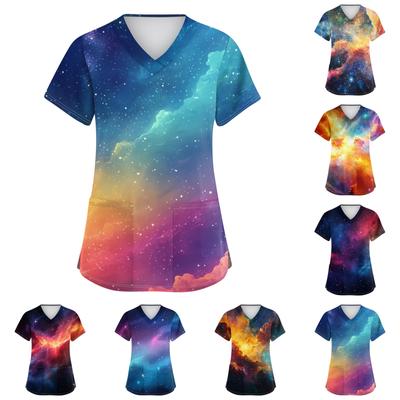 Moda damska Odzież robocza z dekoltem w serek i krótkimi rękawami z kieszeniami Topy z nadrukiem