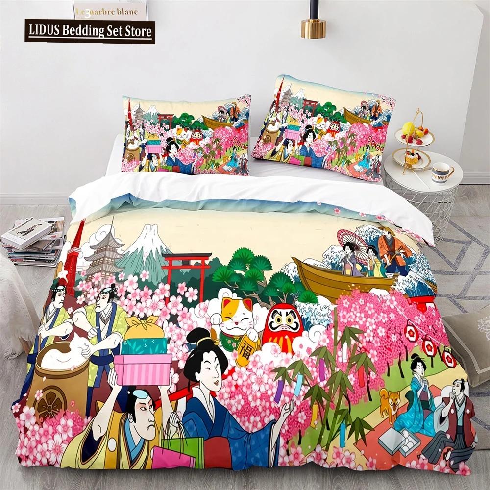 

Комплект постельного белья в японском стиле с мотивом укиё-э, пододеяльник с рисунком морской волны, красного солнца, пододеяльник для детей-подростков, размер King, полный размер 70x133cm 2pcs