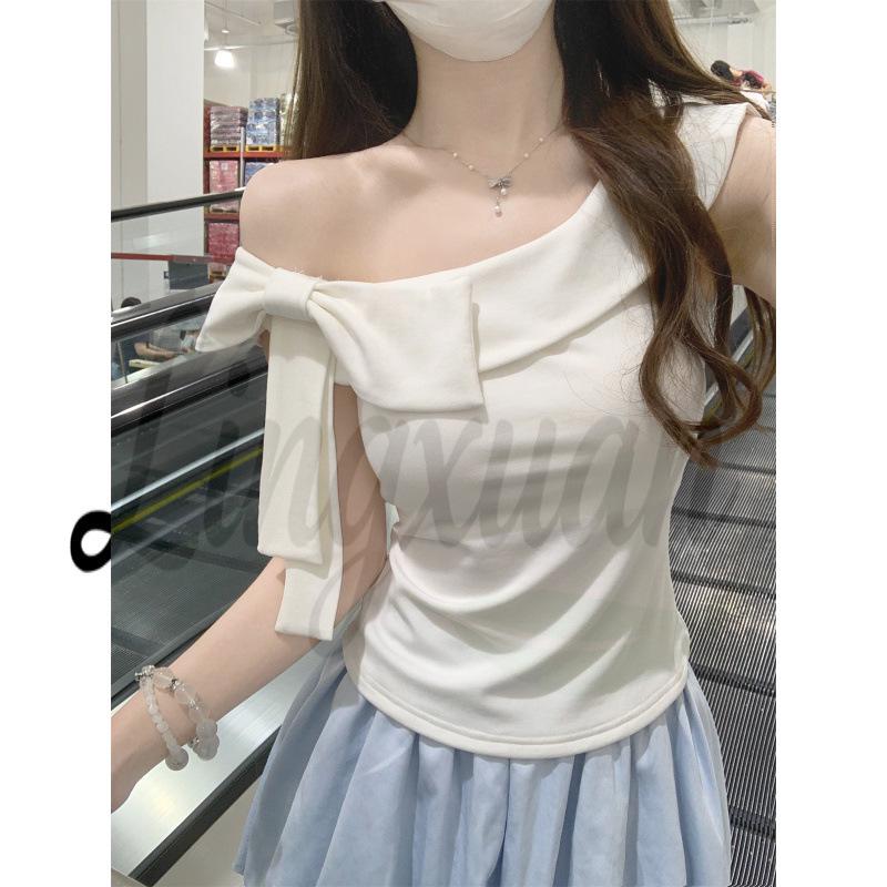 

Korean Style Women s Ruffle Off-Shoulder Bow Cotton Top Small (S) білий