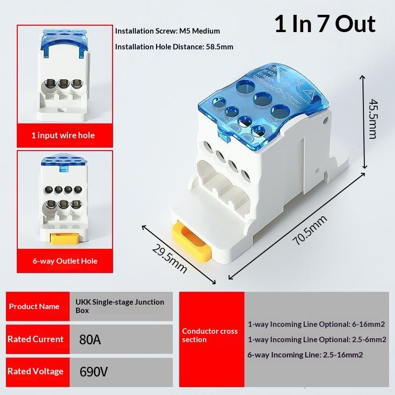 Ukk Din Rail Terminal Block Power Distribution Box 80A 1 In 7 Out Terminal Block Electrical Wire Junction Box