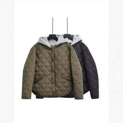 European & American Women's Hooded Quilted Diamond Pattern Cotton Jacket