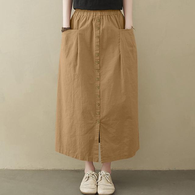 Sommer Elastischer Bund Locker Lässiger Rock Übergröße Damen Einfarbig Midi-Röcke Mode A-Linie Faldas Saia Arbeit Jupe Kaftan