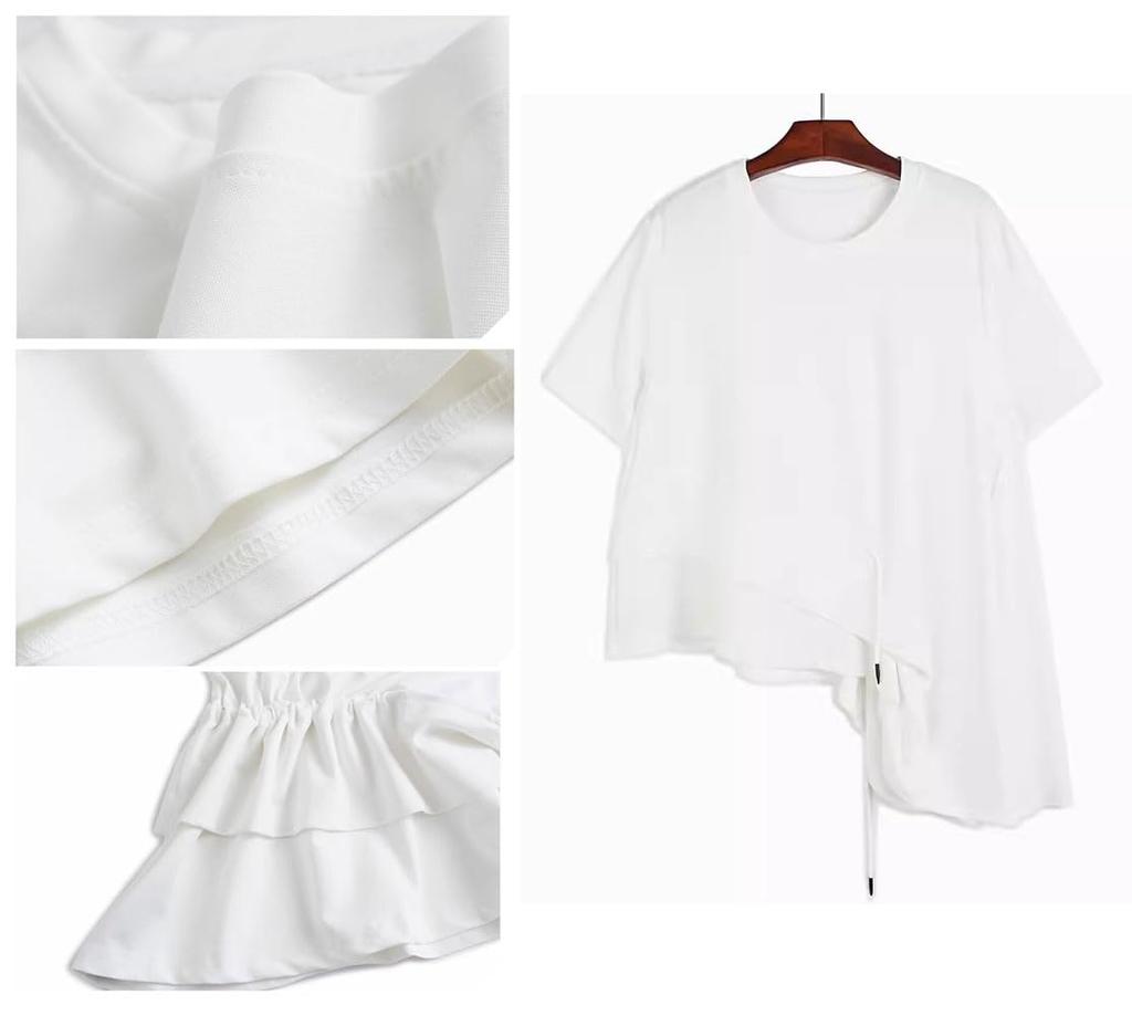 Morino Asymmetrical Short Draped Loose Women's T-Shirt, Sleeve, Hem, Slimming, Fit, Unique, Fashionable, Spring/Summer (L, White)