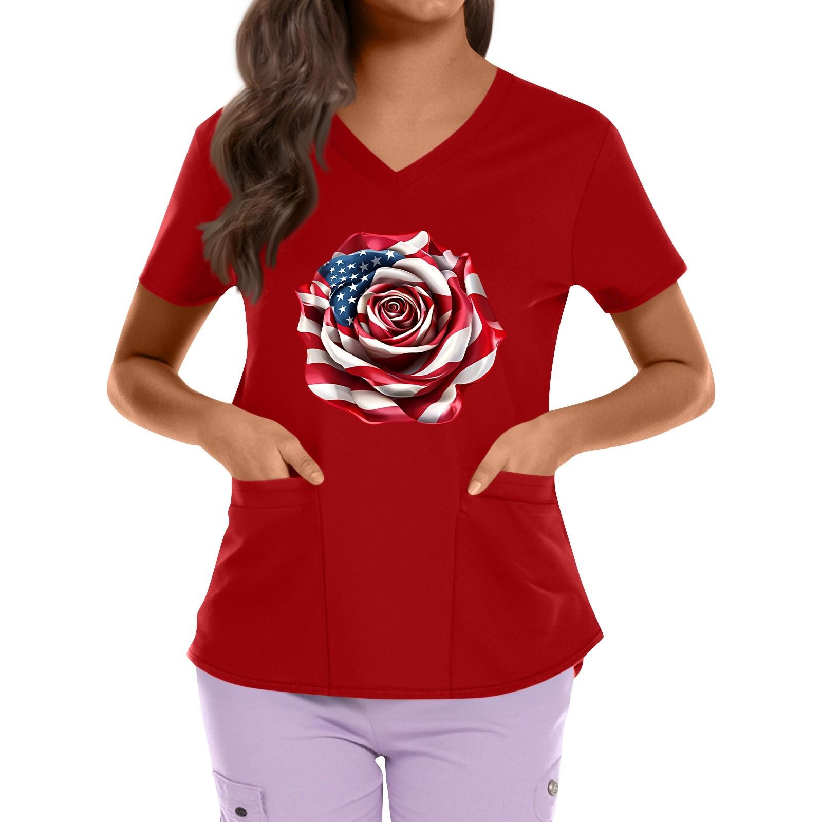 

Plus Size Printed Scrub Working Uniform Tops For Women s Cross V Neck Independence Day Print Short Sleeve Fun T-Shirts Workwear Tee With Pockets XXL красный