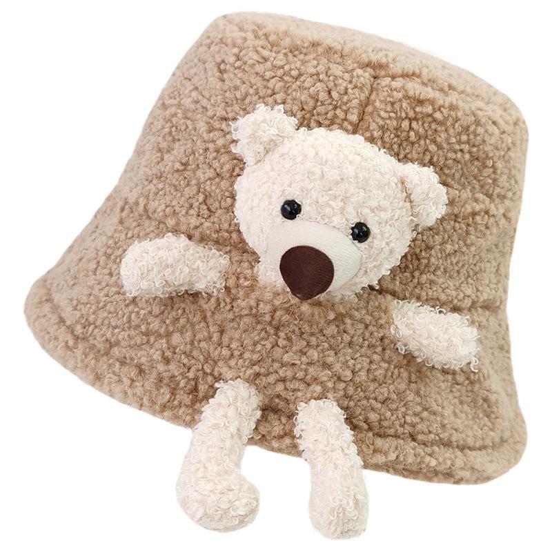 Cute Plush Bear Doll Fisherman Hat Women Autumn and Winter Korean Version Warm Lamb Fur Pot Hat Japanese Bucket Hat