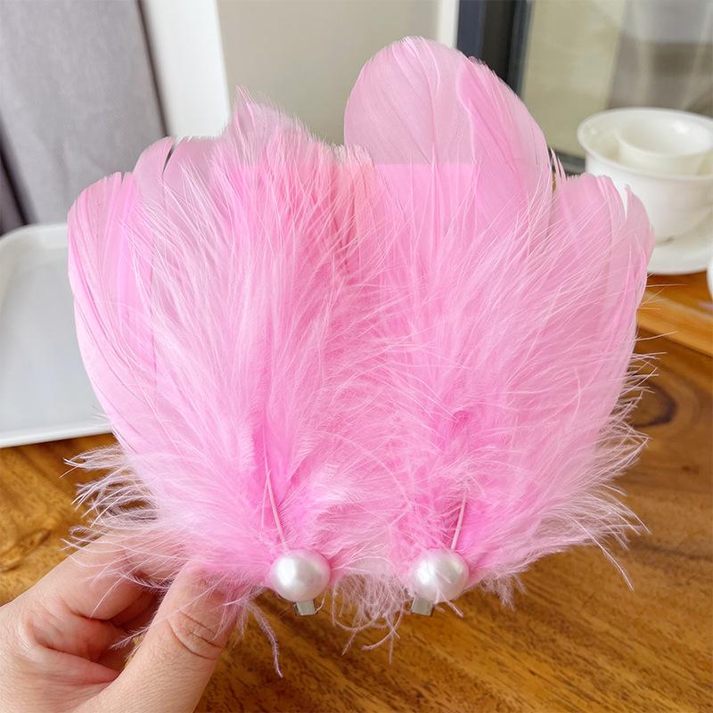 Girls' Summer Fairy-like White Feather Pearl Hair Clips: Handmade, Elegant, Perfect with Dresses, Atmospheric Hair Accessories