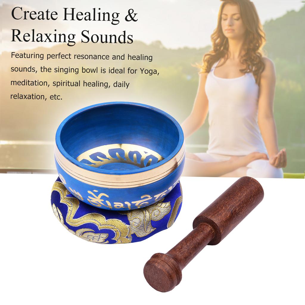 Blue Tibetan Singing Bowl Set with 9.5cm 3.7inch Handmade Metal Sound Bowl & Soft Cushion & Wooden Striker for