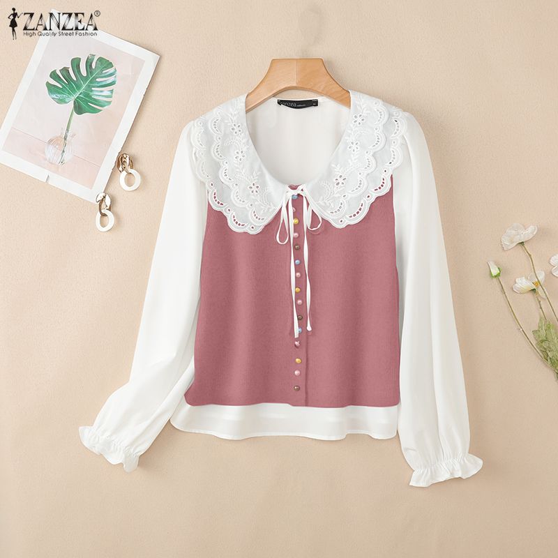 ZANZEA Women Lace Crochet Splice Doll Collar Long Sleeve Patchwork Blouse