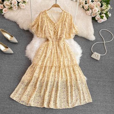 Women Summer Long Ruffled Elastic Waist V Neck Vacation Chic Elegant Ladies A Line Dress