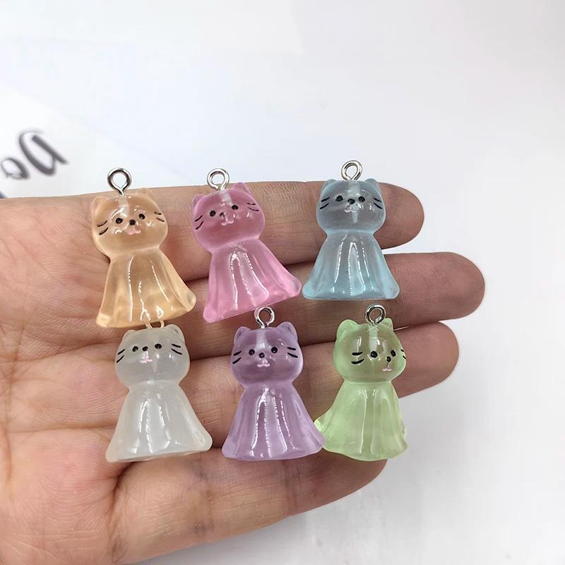 10pcs Cute Luminous Transparent Cat Charms Lovely Resin Colorful Animal Pendant For Earring Keychain DIY Jewelry Making