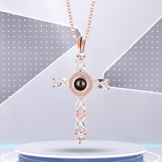 Cross Necklace Shiny Novelty Design Alloy Cross 100 Languages I Love You Projection Necklaces for Daily Dress
