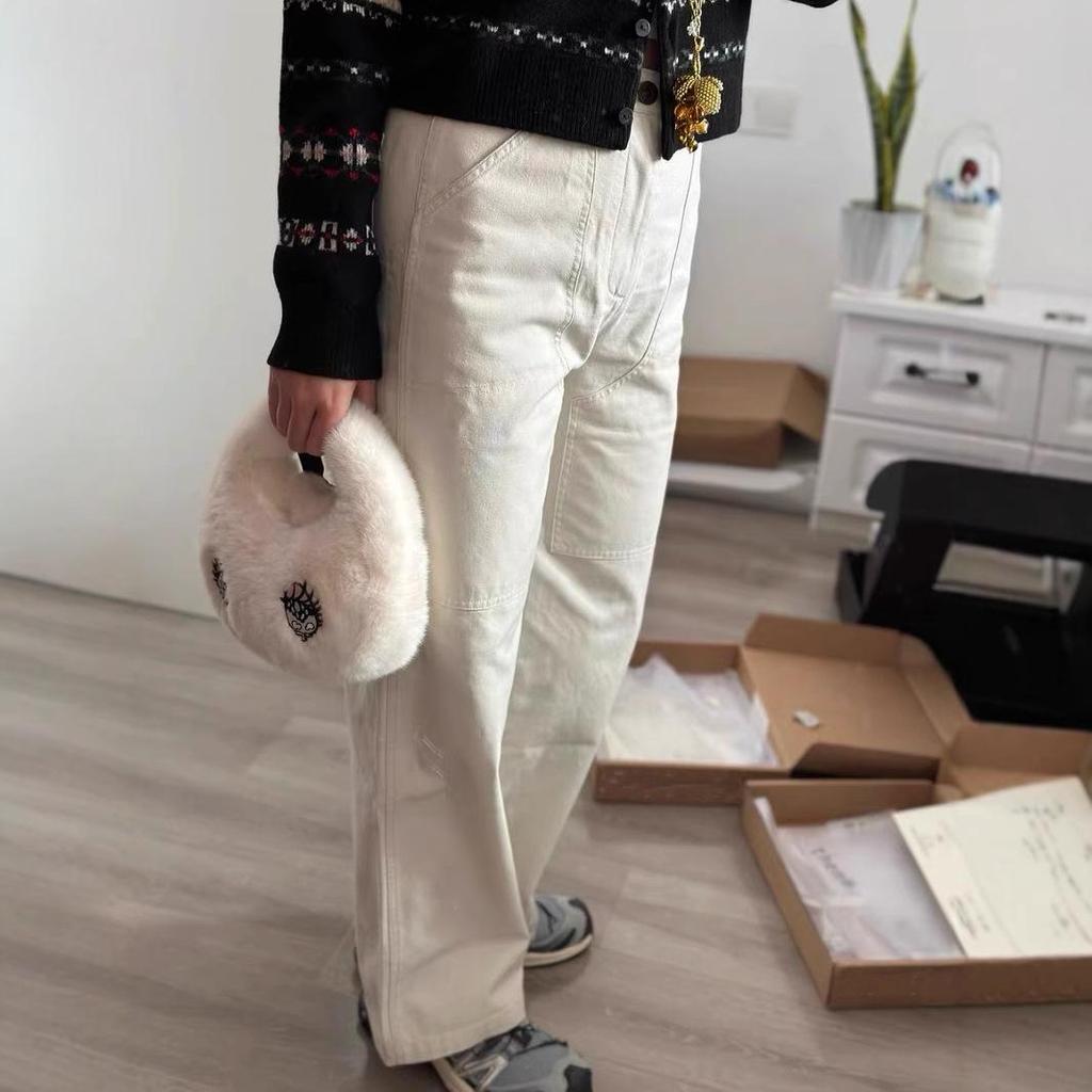 Cotton Slim High Waist Wide-Leg Washed Retro Overalls in Off-White