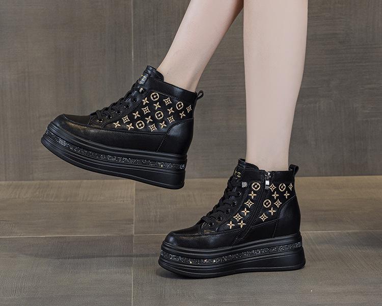 Women's White Rhinestone Print Height-Boosting Platform Sneakers