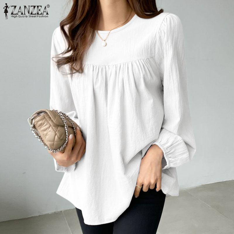 ZANZEA Women Blouse Casual O-neck Long Sleeve Cotton T-shirt