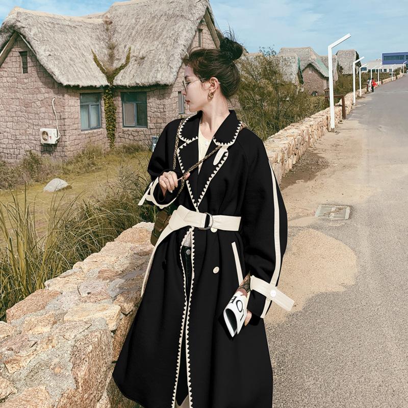 New Beige Double-sided Woolen Coat Women's Mid-length Autumn and Winter Contrast Color Hemmed Loose Woolen Coat