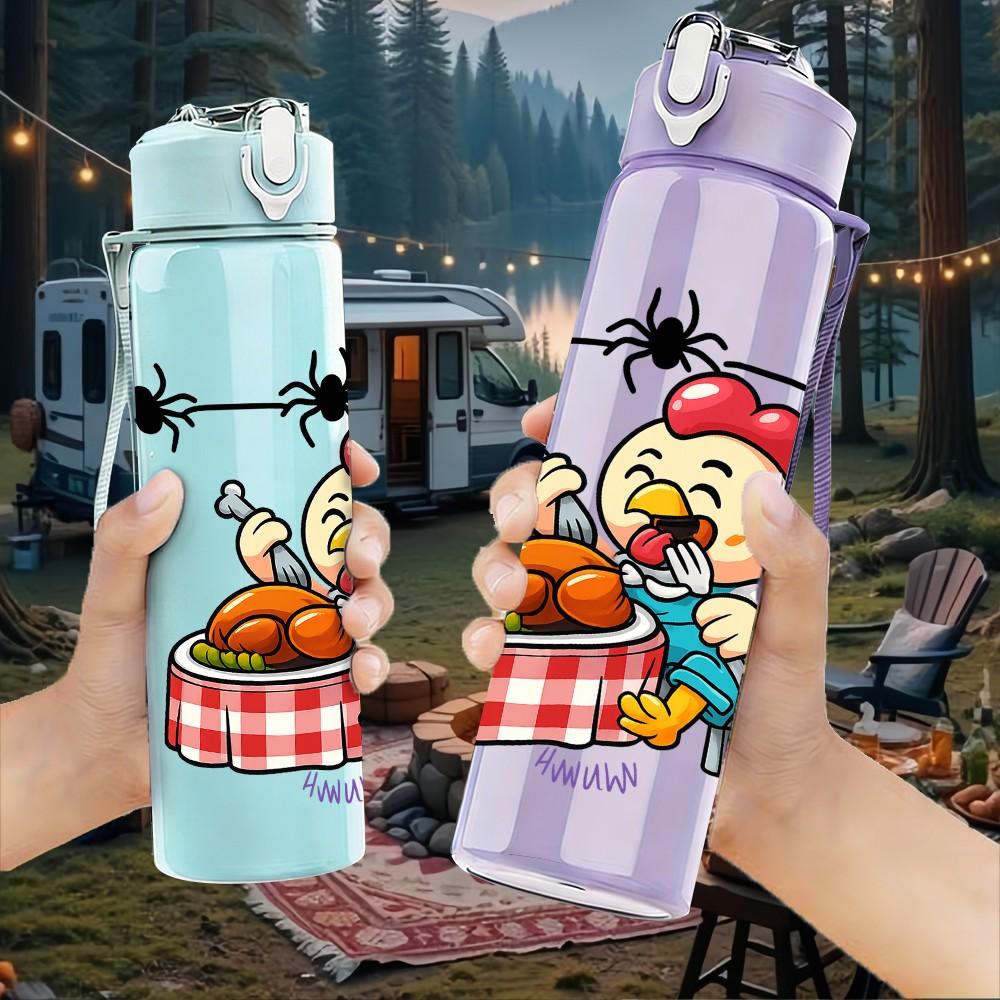1PC Picnic Chicken Halloween Pattern 750ml Color Plastic Sports Water Bottle Leakproof Flip Straw Lid Suitable for Sports Office Home Use