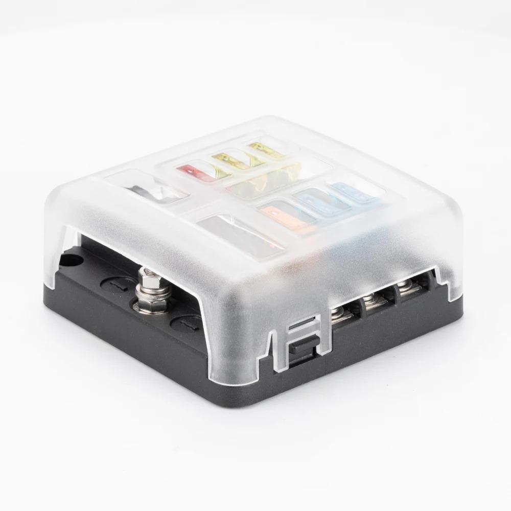 12V 6-Way Blade Fuse Block with  LED Indicator Waterproof Protection Cover and Label Sticker for Automotive Car Truck Trailer