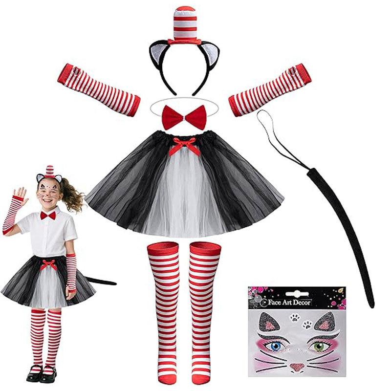 Cat Costume with Hat Set for Adults Accessories for Reading Across America Day Cosplay Party Red