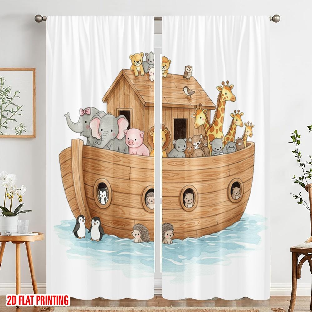 2pcs 2D flat printing Scene Curtain Noah's Ark Animals Polyester Without Electricity Birthday Party Perfect for Yard & Garden No