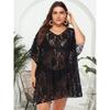 Plus Size Women's Sexy Lace Hollow Out See Through V-Neck Split Beach Dress Cover-ups