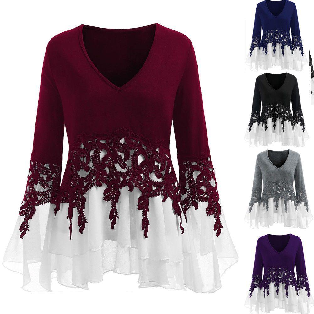 Elegant Women Ladies Long Sleeve V Neck Patchwork Tunic Tops For Casual Comfort