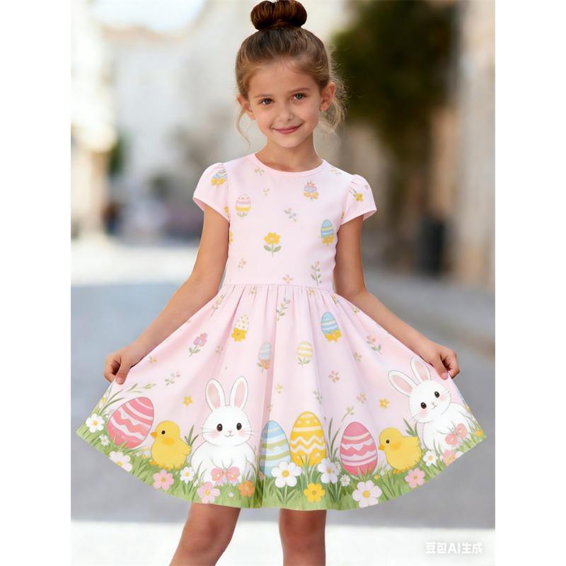 Girls' 3D Rabbit Print Summer Short Sleeve Dress | Crew Neck, A-Line Skirt, Perfect for Beach Outings and Casual Wear