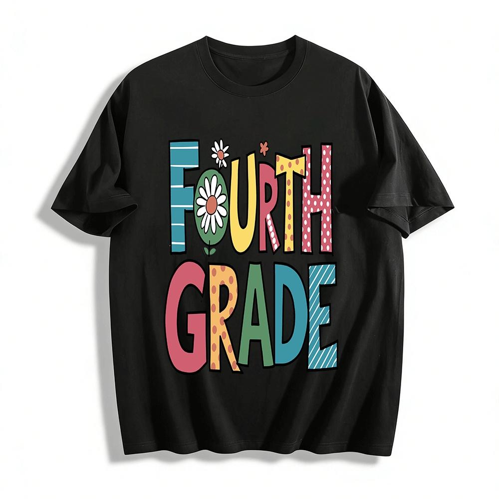 Fourth Grade Floral Print Kids Casual Back to School T-Shirt Pure cotton T-shirt XXS