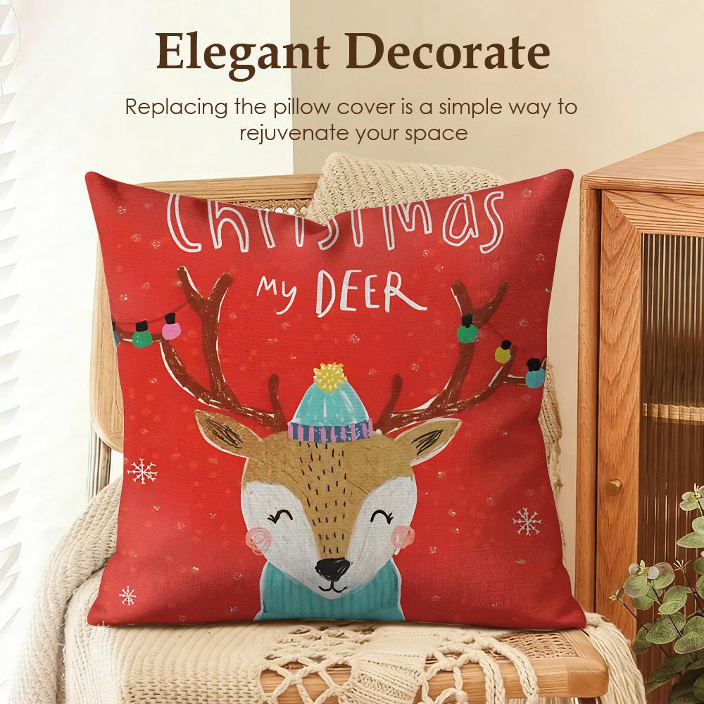 Cute Christmas Reindeer Cushion Cover Natural Linen Organic Fabric Double-Sided Printing Sofa Home Decor Gift Pillow Case