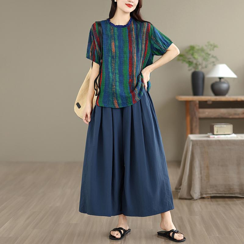 DIMANAF Plus Size Summer Pants Suits Women Sets Suits Loose Tops Shirts Long Pants Cotton Vintage Casual Clothing