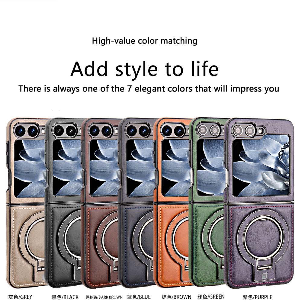 Samsung Galaxy Z Flip 6 5 4 3 Magnetic Flip Phone Case High-end Leather ZFlip 6 Ring Bracket Shockproof Wireless Charge Funda