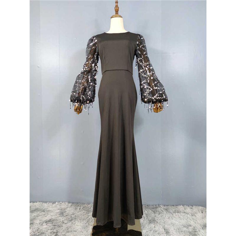 

Export Single French Style Retro Long Sleeve Heavy Embroidery Sequins Lantern Sleeve Waist-Tight Slim Looking Ladies Banquet Party Dress Women Black L