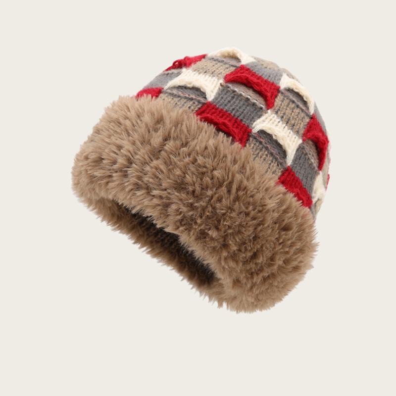 Neuer handgefertigter Hut in Retrofarbe, Damen Winter warm vielseitig Samt Strick Ohrenschützer Wollmütze zeigt einen kleinen Trend