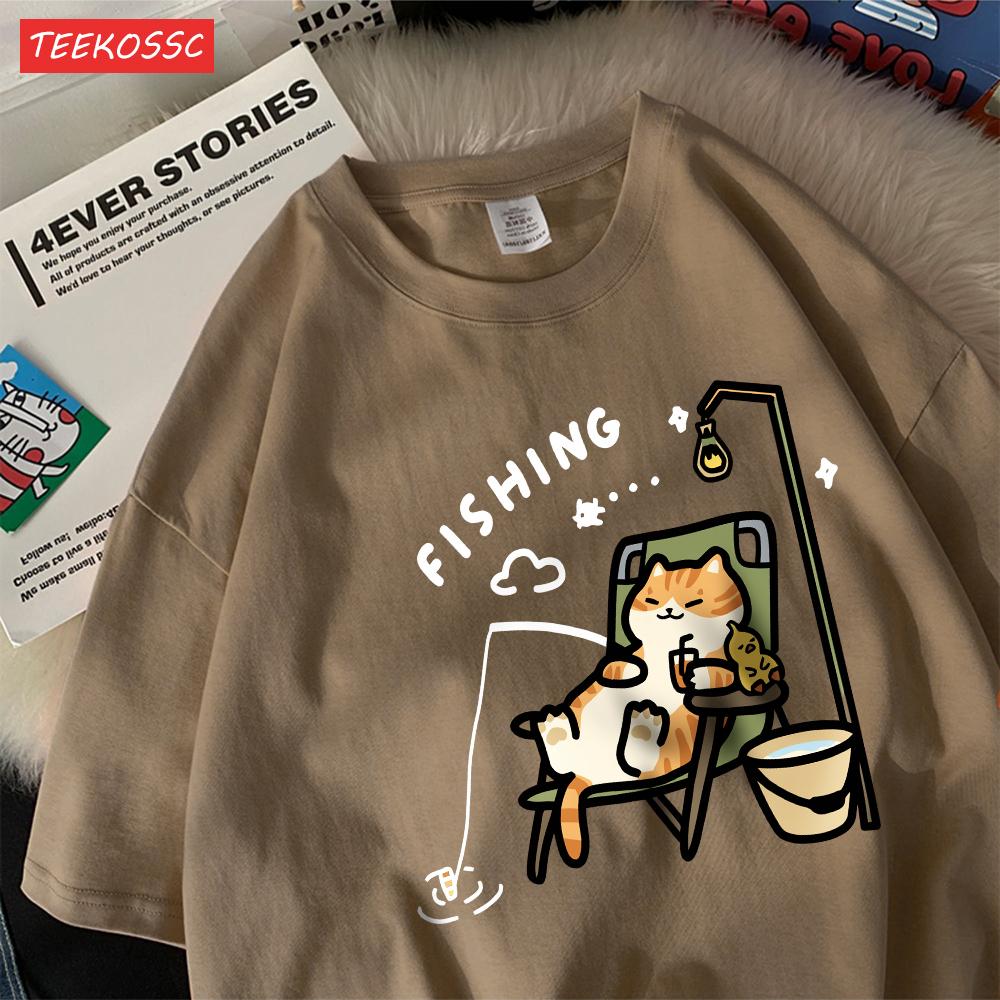 

The Kitten Is Fishingcotton Women TShirts Cartoons Printing T Shirts Loose ONeck Soft Short Sleeve Tops Summer Woman Clothes S