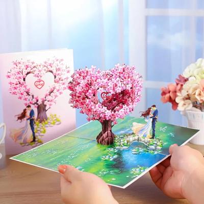 3d Pop Up Valentine's Day Card Romantic Cherry Blossom Heart Tree Greeting Card For Wedding Anniversary Engagement Couple Gift