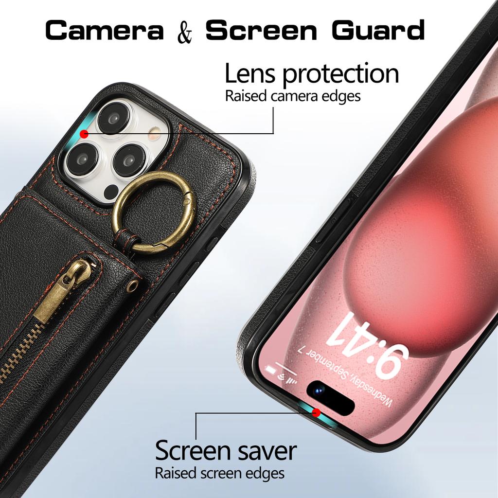 Ring Zipper Wallet Multi Card Flip Leather Case for iPhone 15 14 13 12 11 Pro Max XS MAX XR for Samsung S24 S23 S22 S21 S20 Ultra Plus A14 A13 A53 A54