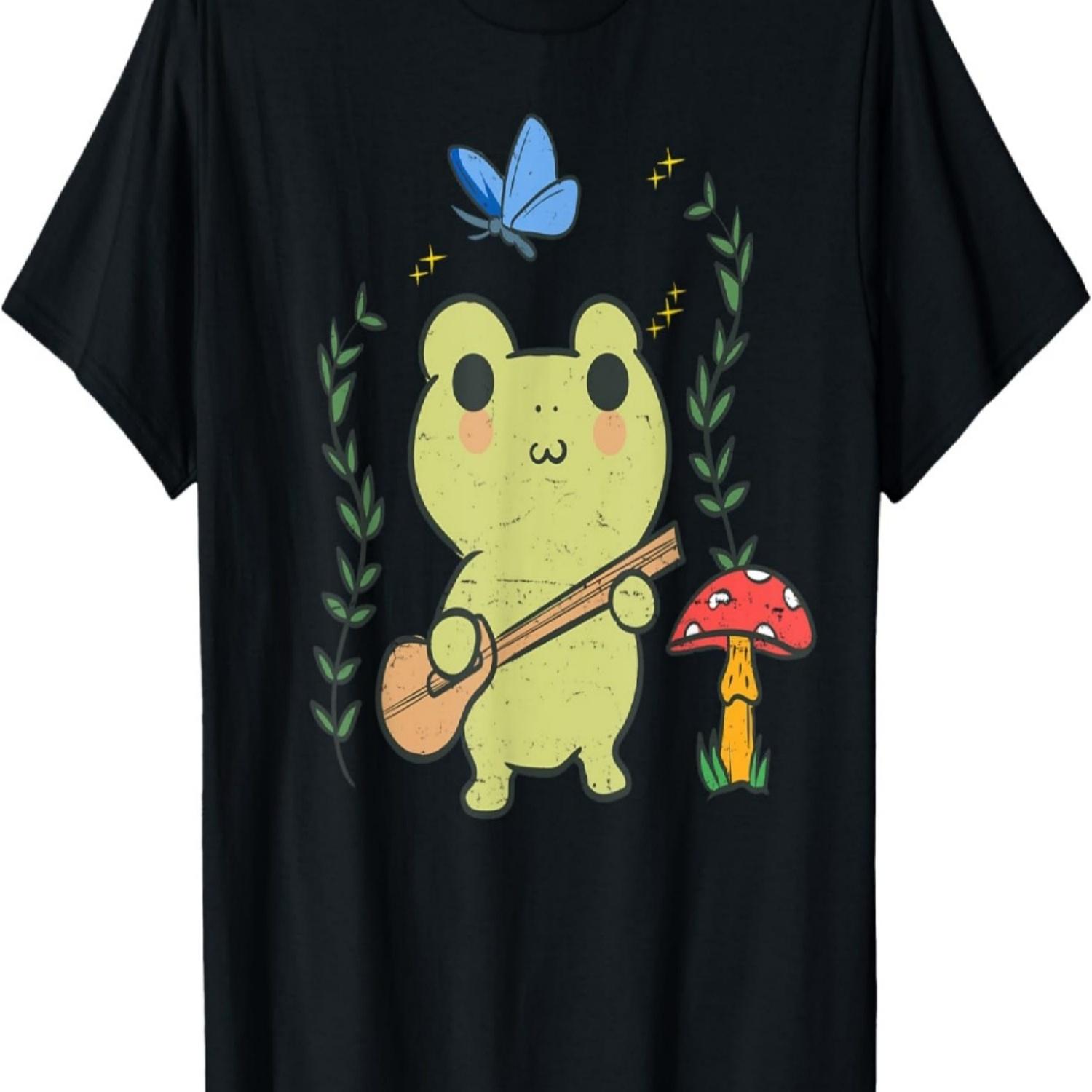 Kawaii Frog Banjo Butterfly - Cottagecore Aesthetic Cute T-Shirt S чёрный