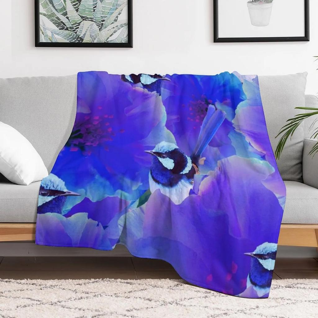 Bluetiful Spot the Wren Blossom Floral Blue Wren Behind Black Throw Blanket Plush Fuzzy Cozy Blanket for Couch Sofa