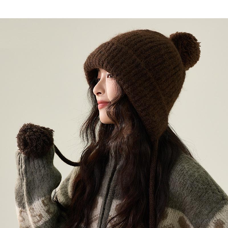 Autumn Winter Fur Ball Ear Protection Knitted Hat Cold-Proof Warm Big Head Wool Hat
