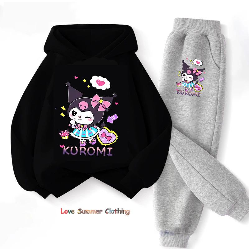 Sanrio Spring Autumn Kuromi Children Clothing Sets Cartoon Kuromi Print Girls Sweatshirt 2pcs Suit Thin Kids Tracksuit