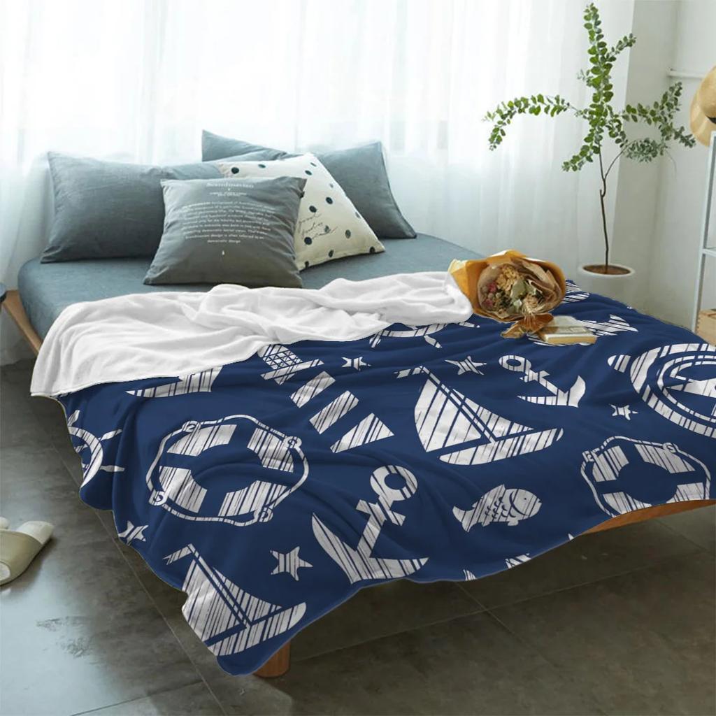 Nautical Blue Anchor Rudder Boat Fish Lighthouse Flannel Blanket Travel Picnic Blanket Portable Soft Bedspread Blankets for Beds