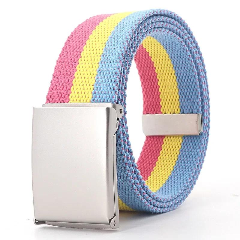 Rainbow Stripes Canvas Belt Jeans Waistband Adjustable Belt Outdoor Travel - Metal Buckle Belt for Women Multicolor