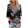 Damenbluse, lässig, locker, 3/4-Ärmel, Spitzenbesatz, Aufdruck, V-Ausschnitt, Aufdruck, Oberteile, T-Shirts