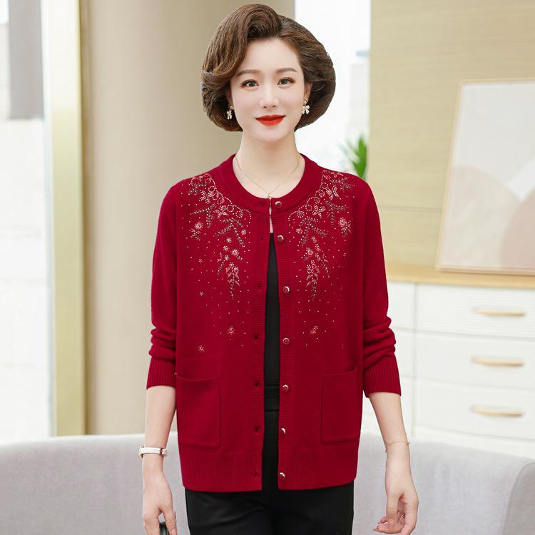 Winter Knitted Cardigan Old Lady Sweater Round Neck Printing Relaxed and Comfortable Women's Sweater Middle-aged and Elderly Mother Autumn