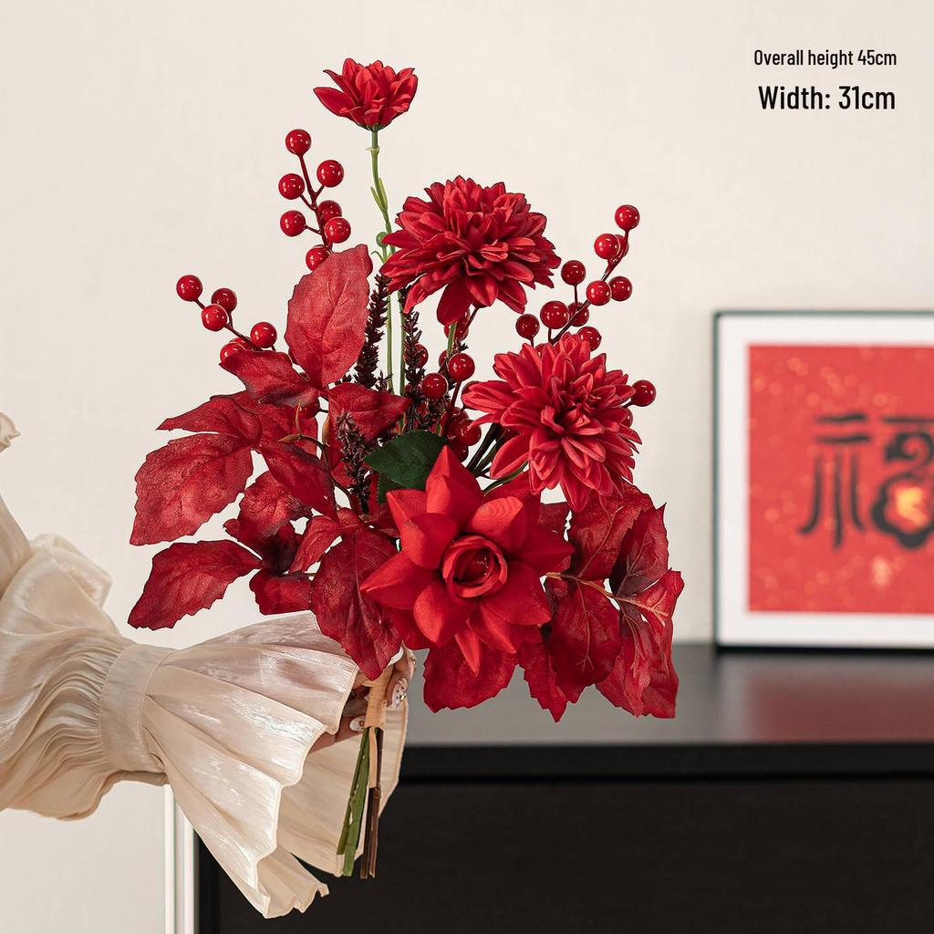 Spring Festival Red Fruit Faux Flower Arrangement for New Year, Wedding, Living Room, or Dining Table Décor