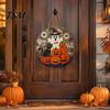 Waterproof Halloween Wall Art Boo Wood Door Hanger Sign with Cute Ghost Black Hat Pumpkin Print, Front Solid Yard Decoration Porch Decor, Round Wooden