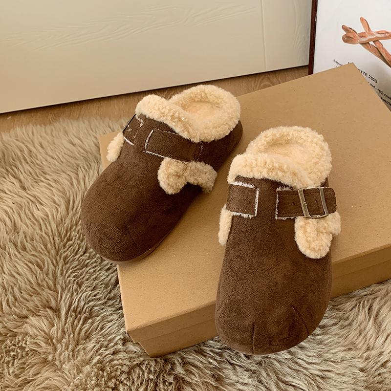 2026 New Women Slippers Fur Flats Short Plush Mules Shoes Women s Fashion Buckle Soft Sole Cotton Shoes Suede Home Warm Slippers 35 кофейный 2650₽