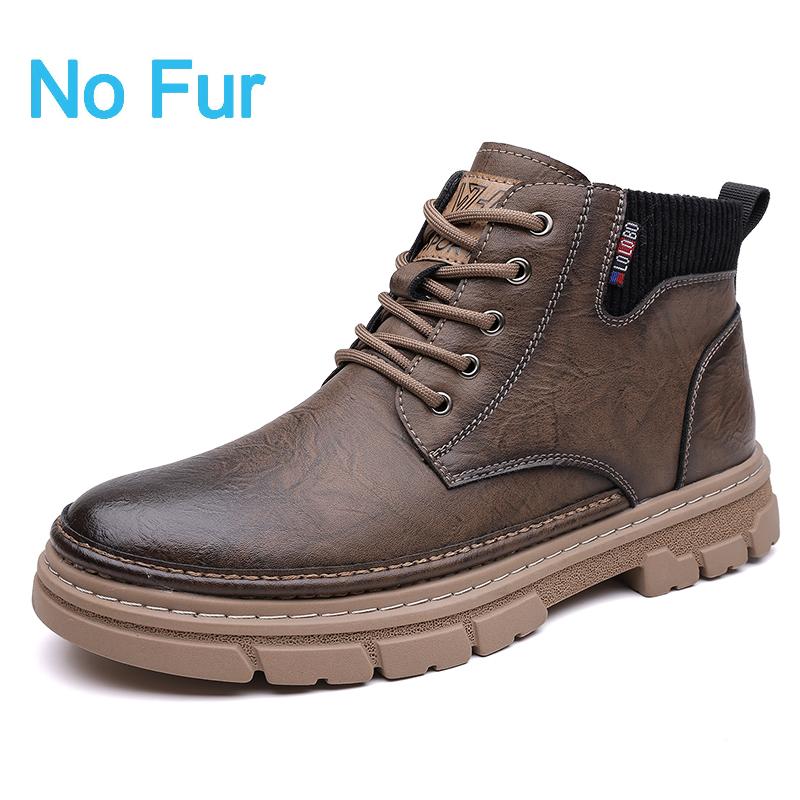 Fashion 2025 Winter Men's Leather Boots Fashion Thick Bottom Warm Fur Casual Ankle Short Shoes Lace-up Non-Slip Motorcycle Boots