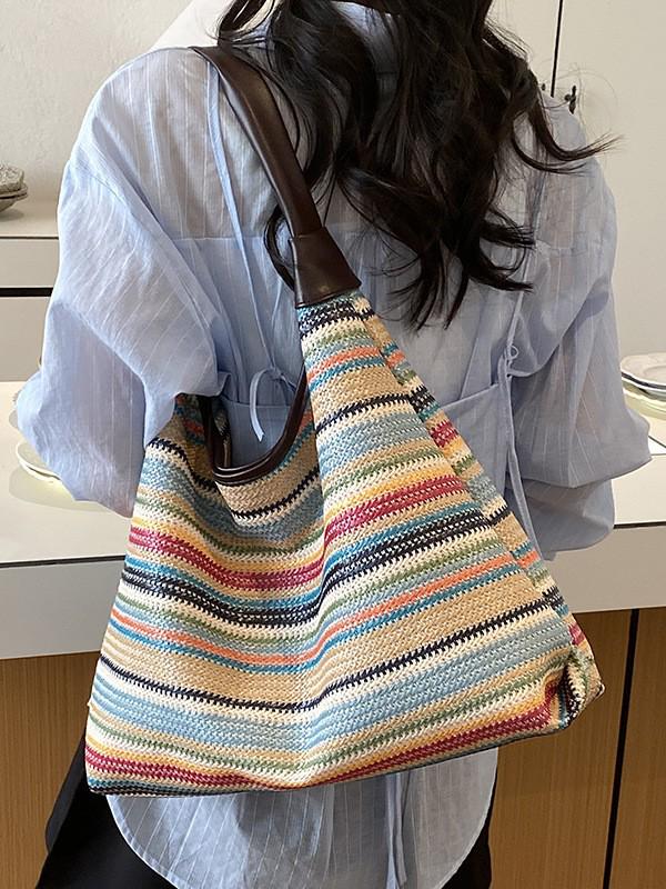 Striped Straw Woven Tote: Women's Large Capacity Shoulder Bag for Beach Vacation 2025 Fashion.
