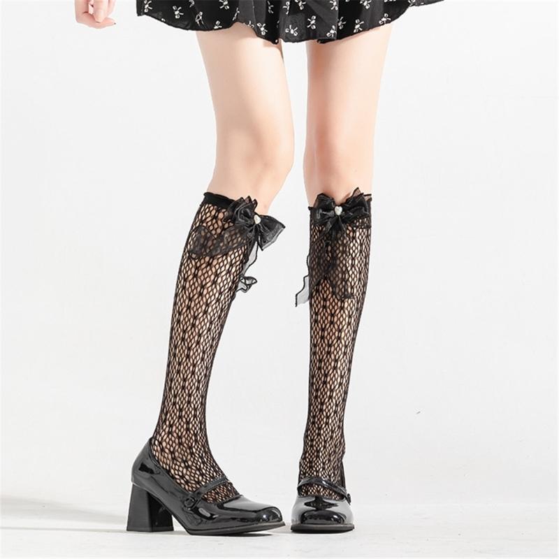 Japanese Style Fishnet Patterned Long Tube Socks for Women Girls Cute Pearl Bowknot Hollowed Out Mesh Over Calf Socks